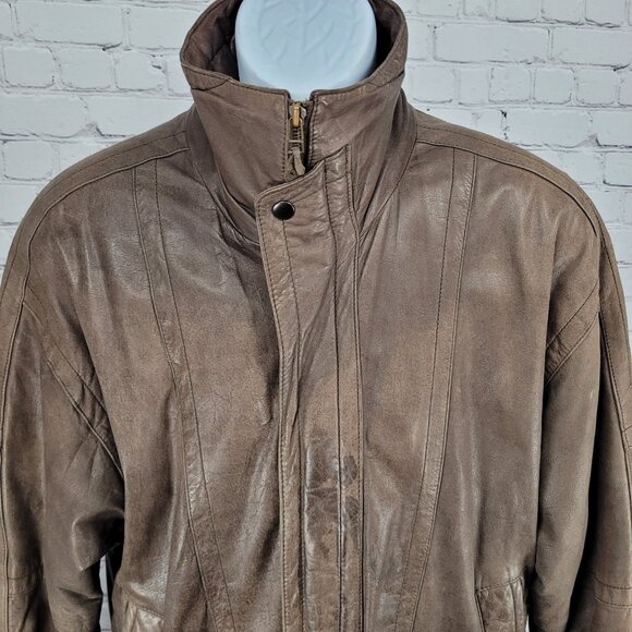 VTG Aggio Brown Genuine Soft Leather Full Zip Snap Pockets Bomber Jacket Large L - Picture 11 of 16